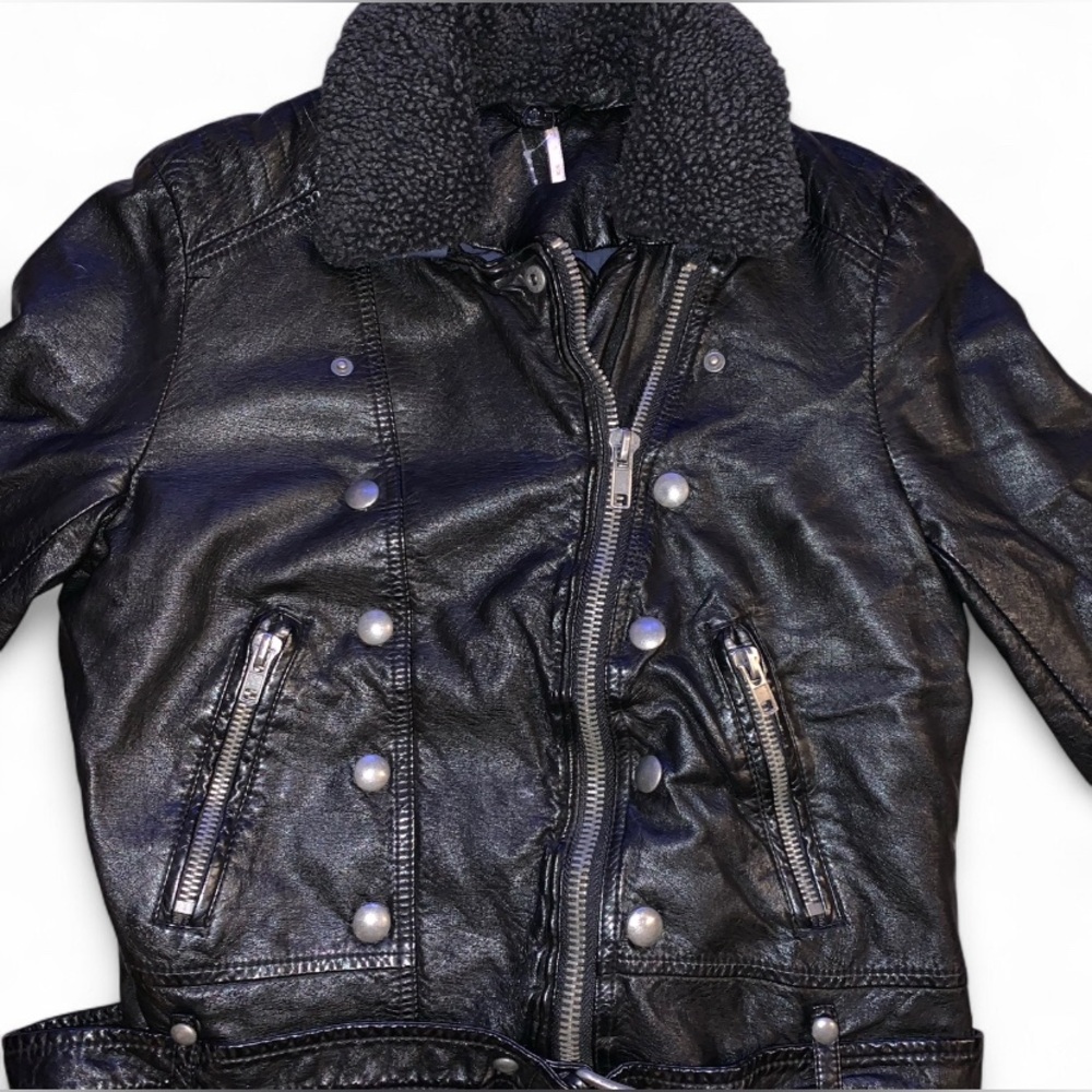 Free People Asheville Black Vegan Leather Moto Jacket w/ Detachable Collar  W680